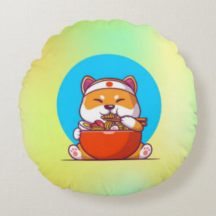 Schattige Shiba Inu die Ramen Noodle Cartoon eet Rond Kussen