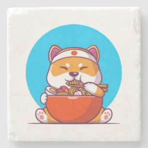 Schattige Shiba Inu die Ramen Noodle Cartoon eet Stenen Onderzetter