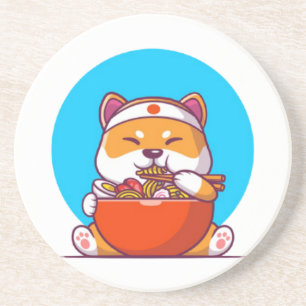 Schattige Shiba Inu die Ramen Noodle Cartoon eet Zandsteen Onderzetter