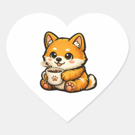 Schattige Shiba Inu met koffie – Knus illustratie  Hart Sticker