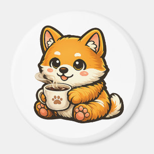 Schattige Shiba Inu met koffie – Knus illustratie Magneet