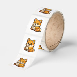 Schattige Shiba Inu met koffie – Knus illustratie  Ronde Sticker