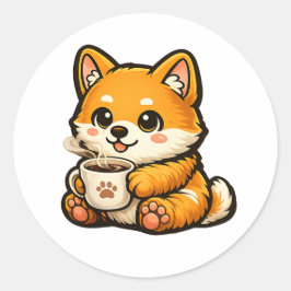 Schattige Shiba Inu met koffie – Knus illustratie  Ronde Sticker