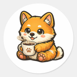 Schattige Shiba Inu met koffie – Knus illustratie  Ronde Sticker
