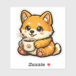 Schattige Shiba Inu met koffie – Knus illustratie  Sticker