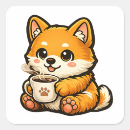 Schattige Shiba Inu met koffie – Knusse Illustrati Vierkante Sticker