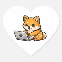 Schattige Shiba Inu met Laptop – Gezellige Honden  Hart Sticker