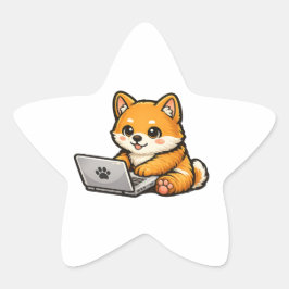 Schattige Shiba Inu met Laptop – Gezellige Honden  Ster Sticker