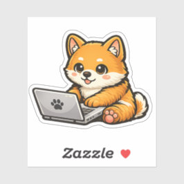 Schattige Shiba Inu met Laptop – Gezellige Honden  Sticker