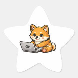 Schattige Shiba Inu met Laptop – Gezellige Hondeno Ster Sticker