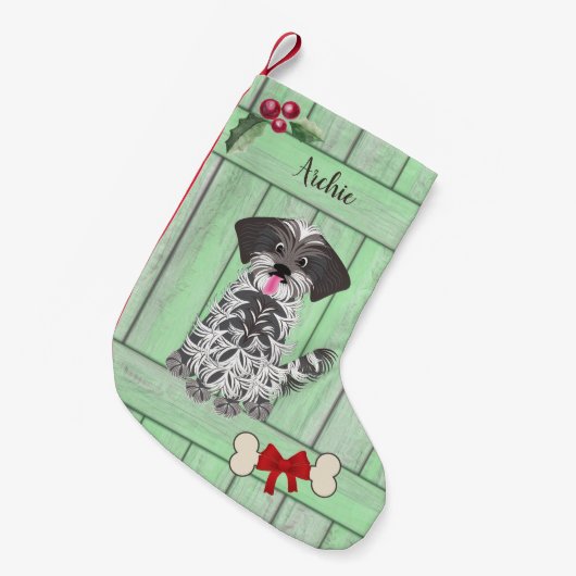 Schattige Shih Tzu Boy Groen Hout Monogram Kleine Kerstsok (Voorkant (Hangend))