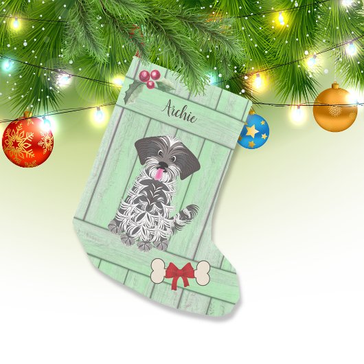 Schattige Shih Tzu Boy Groen Hout Monogram Kleine Kerstsok