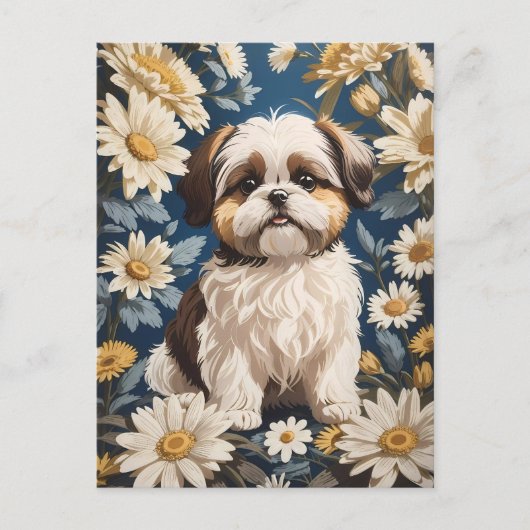Schattige Shih Tzu Dog White Daisy Flowers Briefkaart (Voorkant)