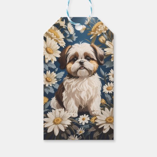 Schattige Shih Tzu Dog White Daisy Flowers Cadeaulabel (Voorkant)