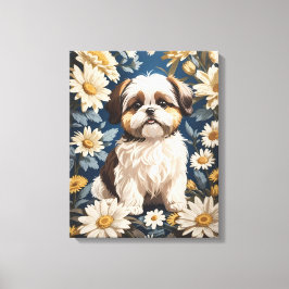 Schattige Shih Tzu Dog White Daisy Flowers Canvas Afdruk