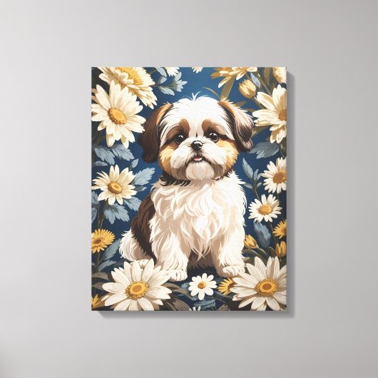 Schattige Shih Tzu Dog White Daisy Flowers Canvas Afdruk (Voorkant)