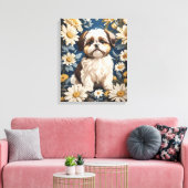 Schattige Shih Tzu Dog White Daisy Flowers Canvas Afdruk (Insitu (Woonkamer))