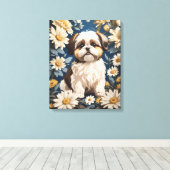 Schattige Shih Tzu Dog White Daisy Flowers Canvas Afdruk (Insitu (Houten vloer))