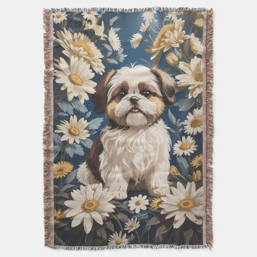 Schattige Shih Tzu Dog White Daisy Flowers Deken (Voorkant Verticaal)