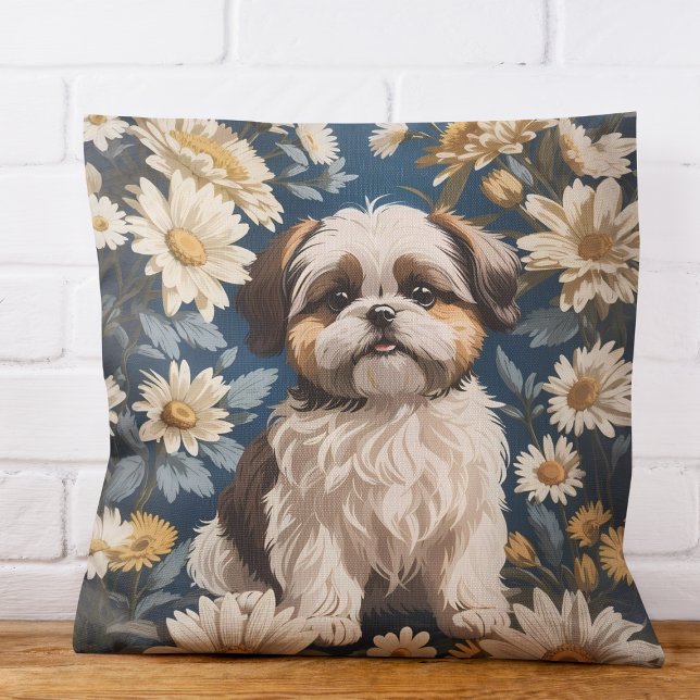 Schattige Shih Tzu Dog White Daisy Flowers Kussen (Creator heeft geüpload)