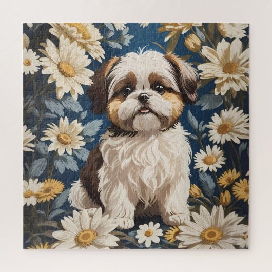 Schattige Shih Tzu Dog White Daisy Flowers Legpuzzel (Verticaal)