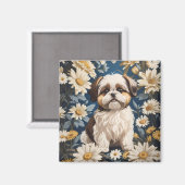 Schattige Shih Tzu Dog White Daisy Flowers Magneet (Voorkant / Achterkant)