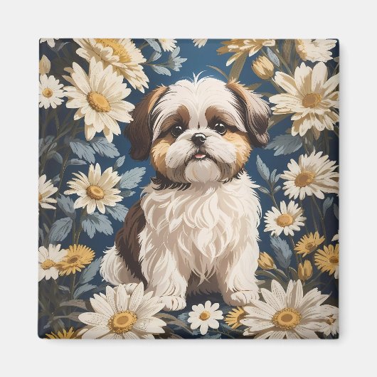 Schattige Shih Tzu Dog White Daisy Flowers Magneet (Voorkant)