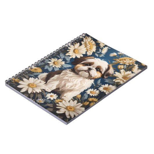 Schattige Shih Tzu Dog White Daisy Flowers Notitieboek (Linkerzijde)