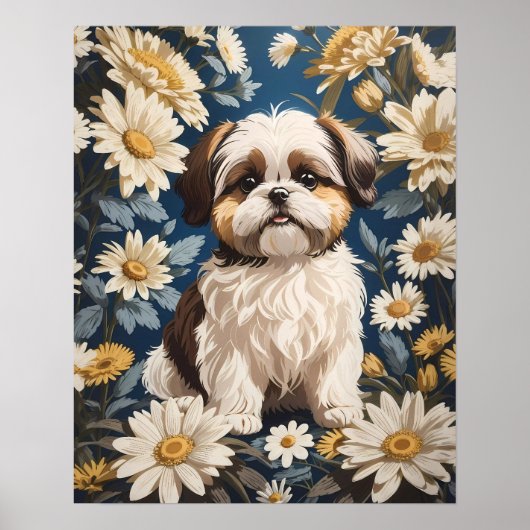 Schattige Shih Tzu Dog White Daisy Flowers Poster (Voorkant)