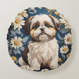 Schattige Shih Tzu Dog White Daisy Flowers Rond Kussen