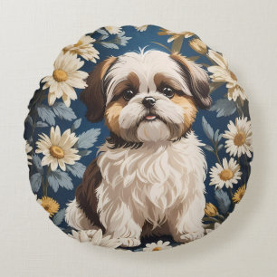 Schattige Shih Tzu Dog White Daisy Flowers Rond Kussen