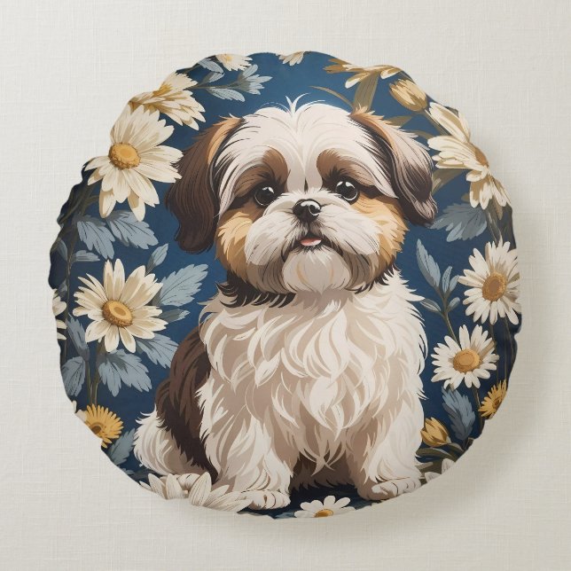Schattige Shih Tzu Dog White Daisy Flowers Rond Kussen (Voorkant)