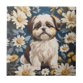 Schattige Shih Tzu Dog White Daisy Flowers Tegeltje