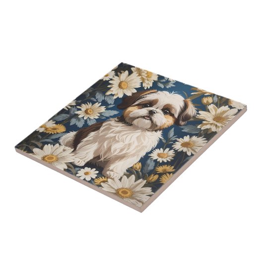 Schattige Shih Tzu Dog White Daisy Flowers Tegeltje (Zijkant)