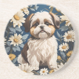Schattige Shih Tzu Dog White Daisy Flowers Zandsteen Onderzetter