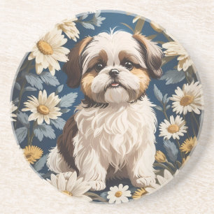 Schattige Shih Tzu Dog White Daisy Flowers Zandsteen Onderzetter
