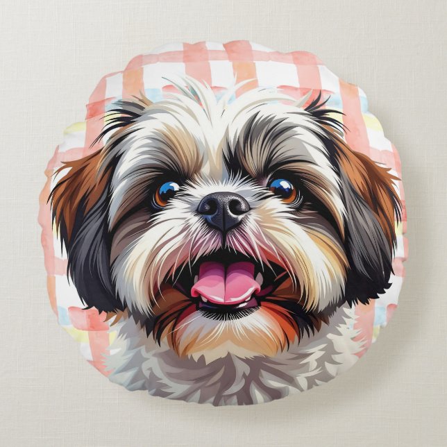 Schattige Shih Tzu Pink Plaid Rond Kussen (Voorkant)