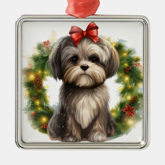 SCHATTIGE SHIH TZU PUPPY DOG KERSTKRANS METALEN ORNAMENT (Voorkant)
