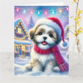 Schattige Shih Tzu puppy in het kerstdorp Kaart (Gele Bloem)