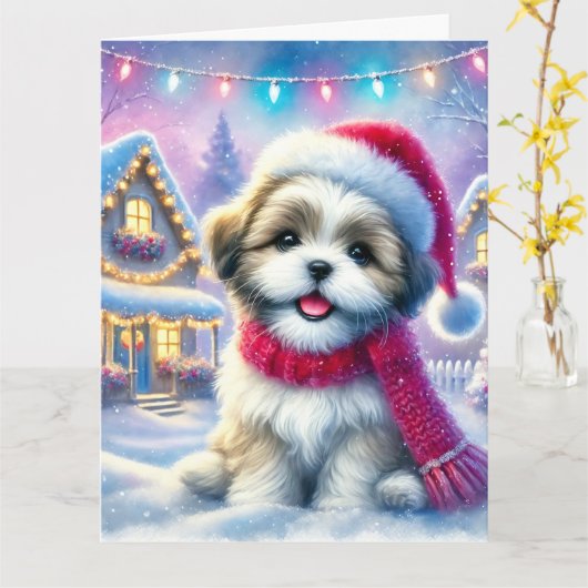 Schattige Shih Tzu puppy in het kerstdorp Kaart (Gele Bloem)