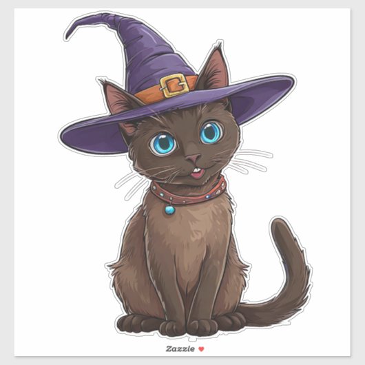 Schattige Siamese Kat in Heksenhoed Sticker (Vel)