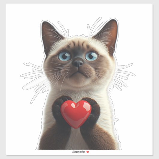 Schattige Siamese Kat Met Blauwe Ogen Houdt Hart C Sticker (Vel)