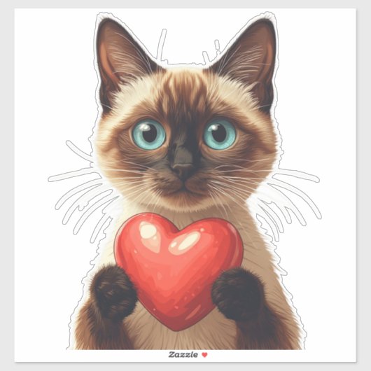 Schattige Siamese Kat met Rode Hart Charme ❤️ Sticker (Vel)