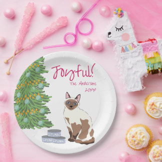 Schattige Siamese Kat met Tonijn Vrolijke Kerst Papieren Bordje