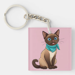 Schattige Siamese kat met turquoise bandana Sleutelhanger