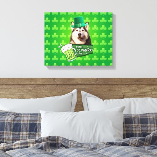 Schattige Siberisch Husky Dog Pet St. Patrick's Da Canvas Afdruk (Insitu (Slaapkamer))