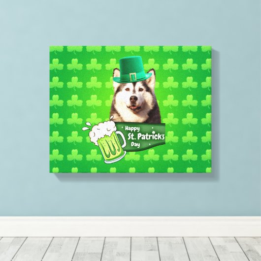 Schattige Siberisch Husky Dog Pet St. Patrick's Da Canvas Afdruk (Insitu (Houten vloer))