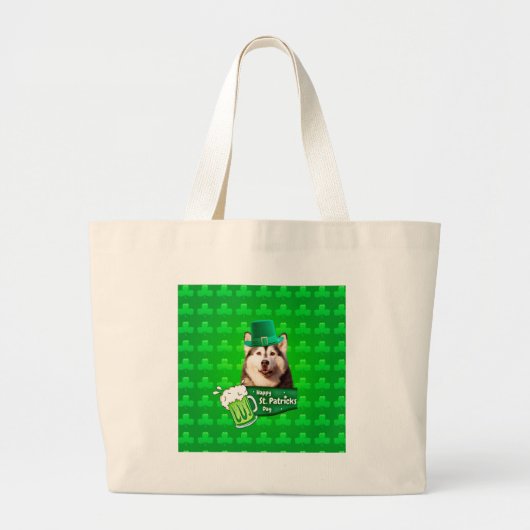Schattige Siberisch Husky Dog Pet St. Patrick's Da Grote Tote Bag (Voorkant)