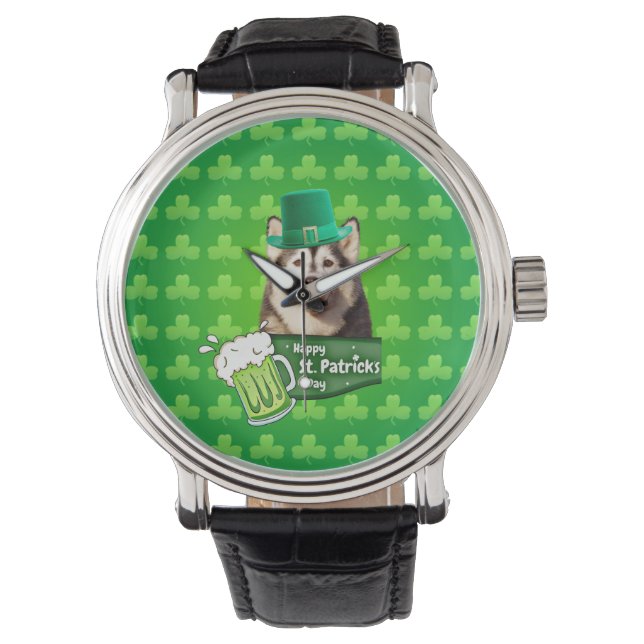 Schattige Siberisch Husky Dog Pet St. Patrick's Da Horloge (Voorkant)