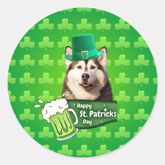 Schattige Siberisch Husky Dog Pet St. Patrick's Da Ronde Sticker (Voorkant)